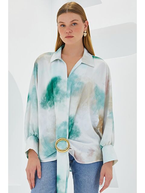 Bigdart Kadın Yeşil Ekru Oversize Dökümlü Saten Gömlek 907 - S000173577-18194