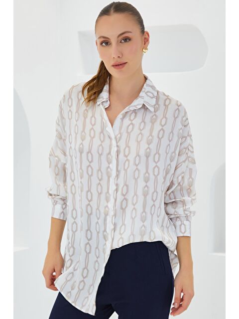 Bigdart Kadın Bej Beyaz Desenli Oversize Saten Gömlek 3985 - S000089878-19927