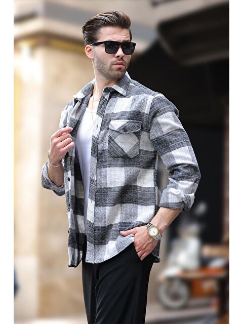 Madmext Gri Desenli Göğüs Cepli Erkek Polar %100 Pamuk Gömlek 6754 - S000286922-20600