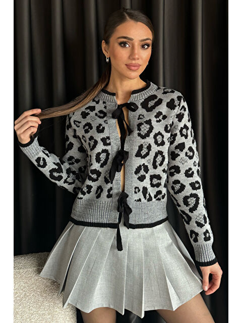 Gülseli Leopar Desenli Kurdele Detaylı Triko Ceket - S000326414-37430
