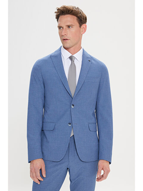 Altınyıldız Classics Erkek Mavi Slim Fit Kırlangıç Yaka Gofre Desenli Takım Elbise