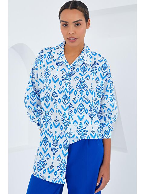 Bigdart Kadın Mavi Beyaz Desenli Oversize Saten Gömlek 3985 - S000089878-17437