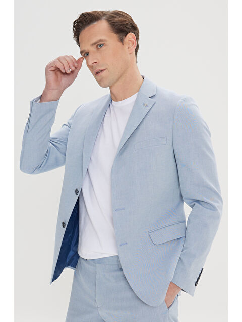 Altınyıldız Classics Erkek Mavi Slim Fit Mono Yaka Pamuklu Diagonal Desenli Takım Elbise