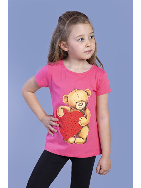 Toontoykids Kız Çocuk Kalpli Ayıcık Baskılı Taş İşlemeli Tişört
