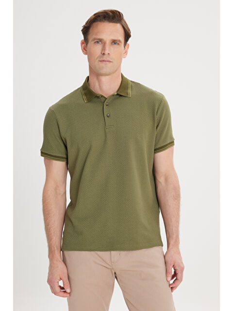 Altınyıldız Classics Erkek Haki Slim Fit Dar Kesim %100 Pamuk Polo Yaka Armürlü Tişört