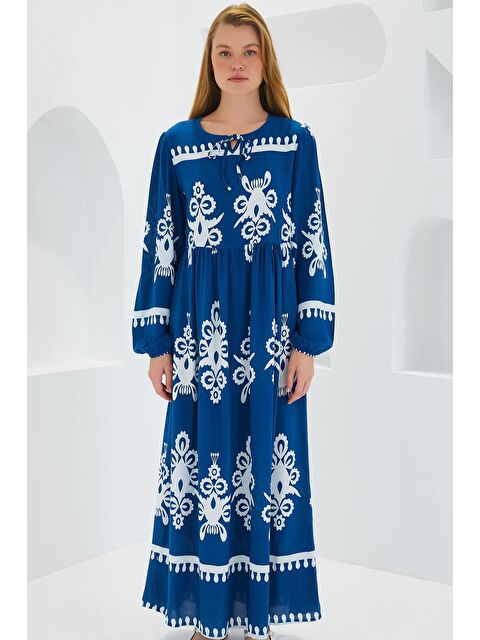 Bigdart Kadın Petrol Beyaz Desenli Uzun Viskon Elbise 1947 - S000089469-20019