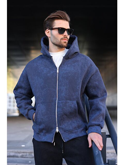 Madmext Lacivert Çift Fermuarlı Batik Desenli Erkek Hırka E7175 - S000512525-21164