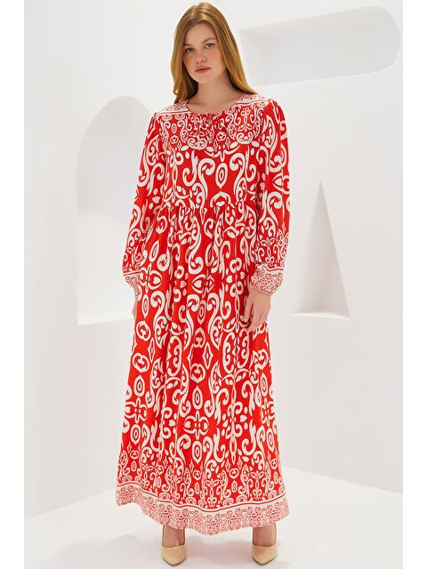 Bigdart Kadın Kırmızı Desenli Uzun Viskon Elbise 1947 - S000089469-20045