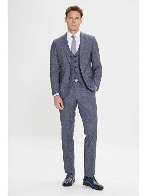 Altınyıldız Classics Erkek Lacivert-Beyaz Ekstra Slim Fit Mono Yaka Desenli Yelekli Takım Elbise