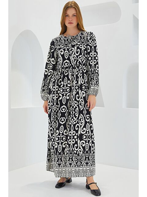 Bigdart Kadın Siyah Ekru Desenli Uzun Viskon Elbise 1947 - S000089469-37424