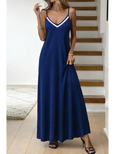 Jane's Kadın Ip Askılı V şerit Yakalı Uzun Viskon Elbise