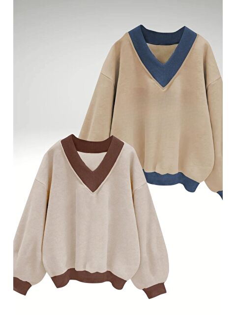 Trendseninle Kadın 3 Iplik Bej Vizon Düz V Yaka Oversize 2Li Sweatshirt - S000326647-37219