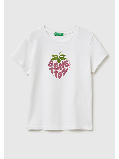 United Colors Of Benetton Kız Çocuk Beyaz Simli Logolu Bisiklet Yaka T-Shirt