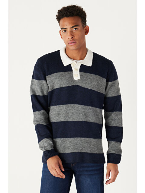 AC&Co / Altınyıldız Classics Erkek Lacivert-Gri Standart Fit Normal Kesim Polo Yaka Çizgili Triko - S000394416-37346