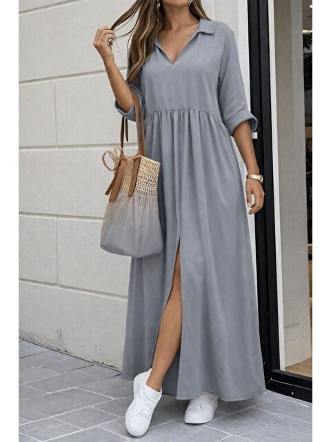 Jane's Kadın Truvakar Kollu V Yakalı Yırtmaçlı Uzun Aerobin Elbise