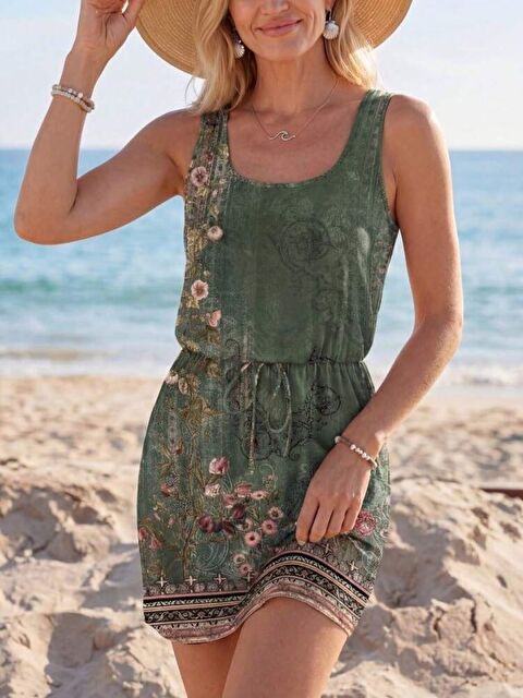 Jane's Kadın Askılı Yuvarlak Yakalı Beli Kusaklı çiçek Desenli Kısa Süprem Elbise