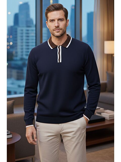 Mishar İtalia Erkek Polo Yaka Yarım Düğmeli Renk Garnili Triko Kazak - S000491492-21164