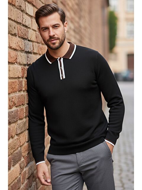 Mishar İtalia Erkek Polo Yaka Yarım Düğmeli Renk Garnili Triko Kazak - S000491492-19351