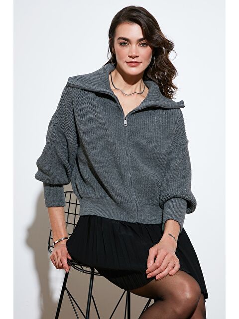 Lela Standart Fit Balon Kol Fermuarlı Selanik Örgülü Hırka 4615562 - S000328047-29666