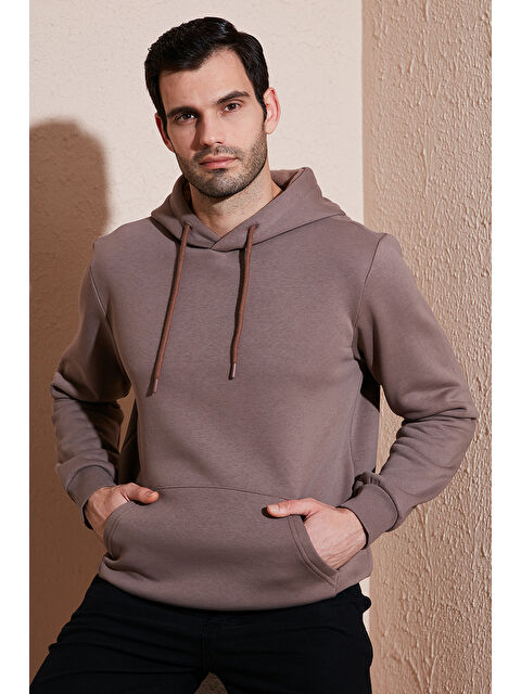 Buratti Slim Fit Kapüşonlu Kanguru Cepli İçi Tüylü Yumuşak Şardonlu  Erkek Hoodie 5905281 - S000000611-19291