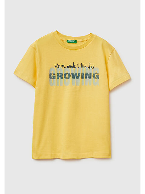 United Colors Of Benetton Erkek Çocuk Sarı Tema Baskılı Rahat Kalıp Bisiklet Yaka T-Shirt