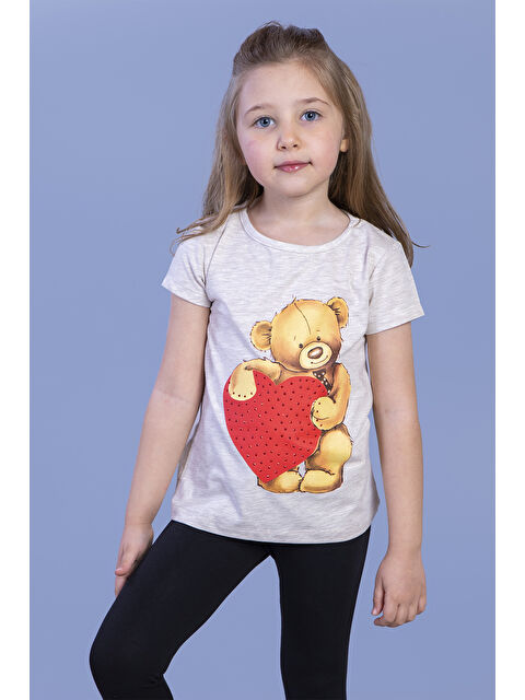 Toontoykids Kız Çocuk Kalpli Ayıcık Baskılı Taş İşlemeli Tişört