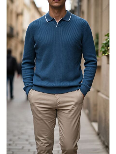 Mishar İtalia Erkek Polo Yaka Kendinden Çizgi Desenli Triko Kazak - S000491493-23093