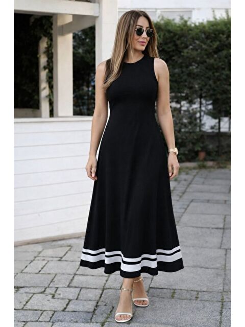 Jane's Kadın Askılı Yuvarlak Yakalı Etek Ucu şerit Detaylı Uzun Viskon Elbise