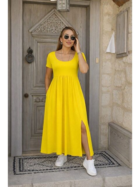 Jane's Kadın Kısa Kollu Yuvarlak Yaka önden Yırtmaçlı Cepli Viskon Uzun Elbise