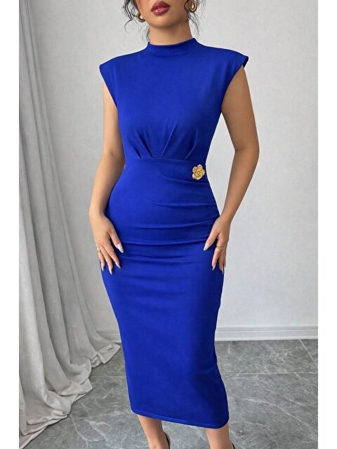 Jane's Kadın Yarı Balıkçı Yaka Kısa Kollu çicek Aksesuar Detaylı Midi Dalgıç Elbise