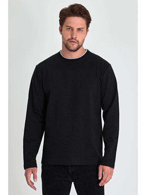 Mmetalic Erkek Siyah Çift Bisiklet Yaka Standart Rahat Kesim Büyük Beden Sweatshirt - S000286926-19351