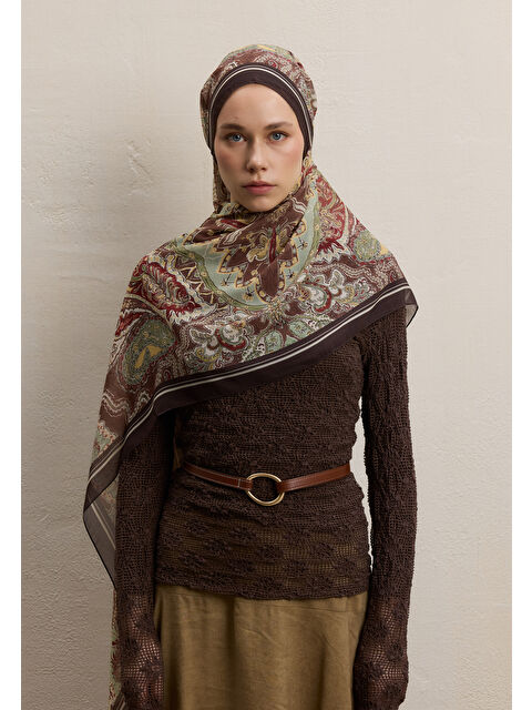 Fresh Scarfs Dark Bohemy Desen İpek Krep Şal Kahve - S000420280-1358