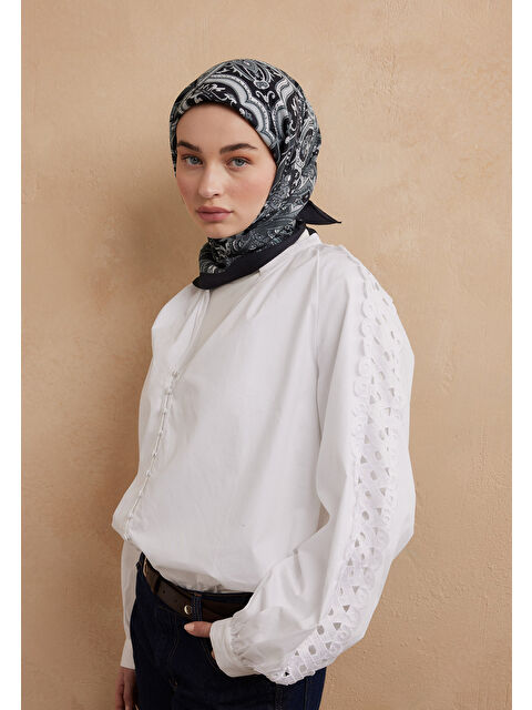 Fresh Scarfs Etnıc Floral Desen Pamuk İpek Eşarp Antik Mavi - S000423216-8461