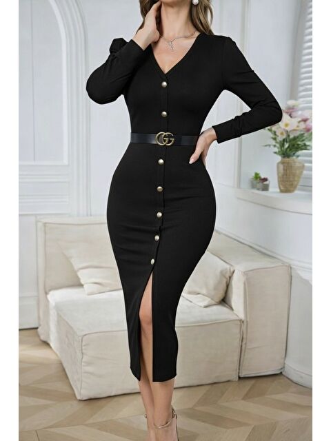 Jane's Kadın Uzun Kollu V Yakalı önden Düğmeli Yırtmaçlı Modal Midi Kemersiz Elbise - S000529157-19351