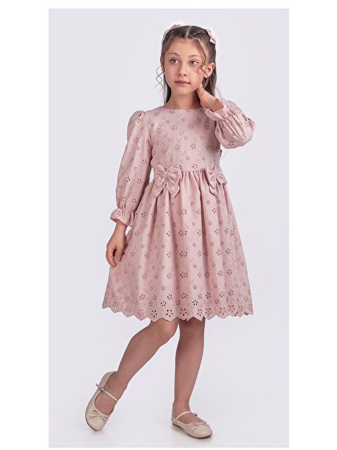Pina Kids Kız Çocuk Uzun Kollu Kolları Lastikli Gupürlü Kurdele Detaylı Elbise ELB.2774 - S000344682-20024