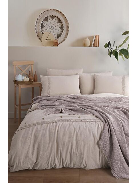 Çeyiz Diyarı Grace 7 Parça %100 Pamuk Çift Kişilik Pikeli Nevresim Takımı Bej - S000494912-19928