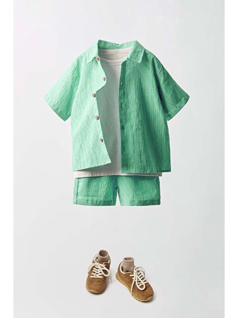 Magu Erkek Çocuk Dokuma Gömlek Bermuda Şort Beyaz T-Shirt Alt-Üst 3'Lü Takım - S000379746-18194