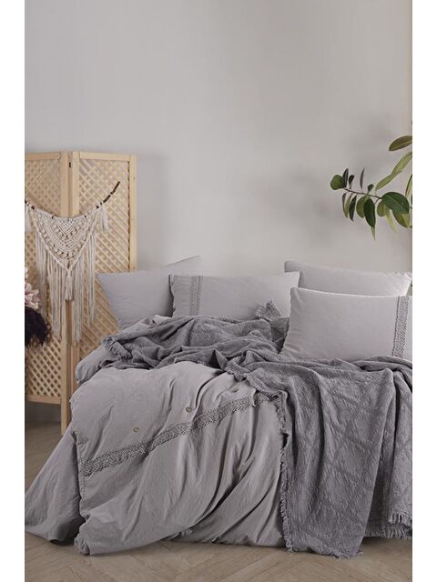 Çeyiz Diyarı Grace 7 Parça %100 Pamuk Çift Kişilik Pikeli Nevresim Takımı Gri - S000494915-20600