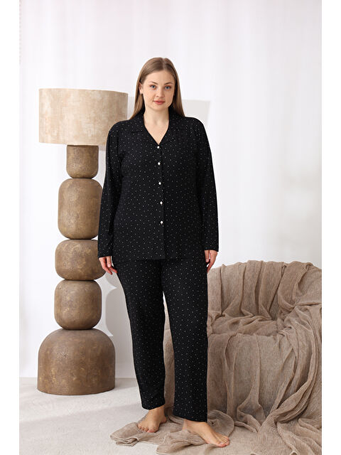 SEBOTEKS Boydan Düğmeli Desenli Süet Kumaş Büyük Beden Kadın Pijama Takımı 550 - S000490414-19351