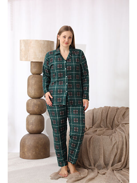 SEBOTEKS Boydan Düğmeli Desenli Süet Kumaş Büyük Beden Kadın Pijama Takımı 550 - S000490414-18194