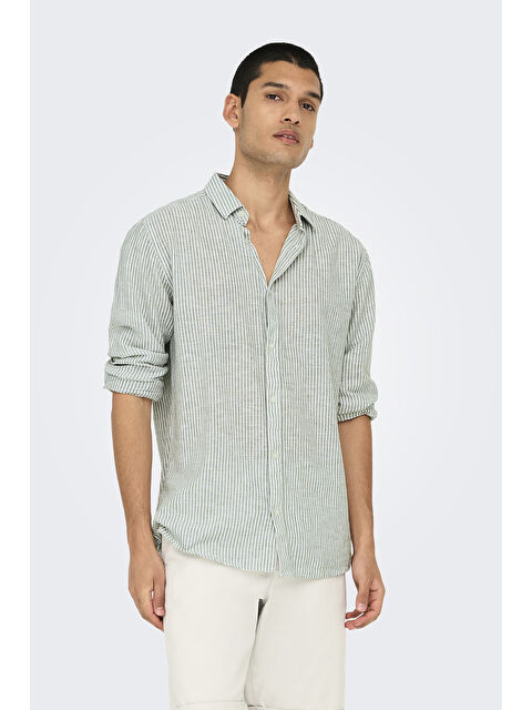 Only&Sons Onscaiden Çizgili Pamuk ve Keten Karışımlı Slim Fit Gömlek 22026601 - S000387122-37220