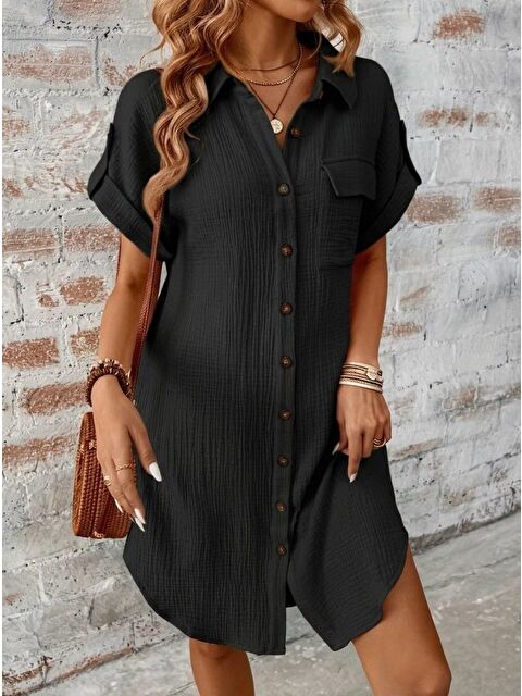 Jane's Kadın Kısa Kollu Yakalı önden Düğmeli Bürümcük Kısa Elbise