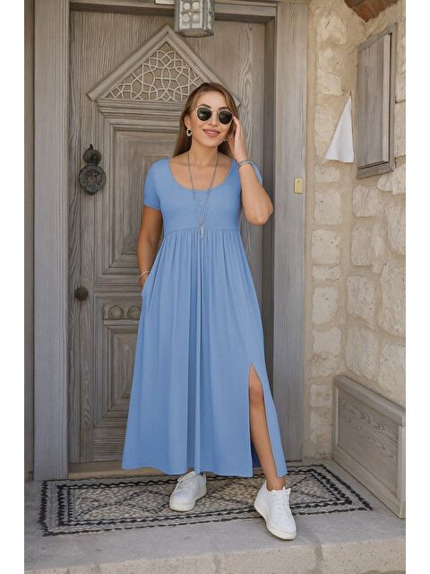 Jane's Kadın Kısa Kollu Yuvarlak Yaka önden Yırtmaçlı Cepli Viskon Uzun Elbise