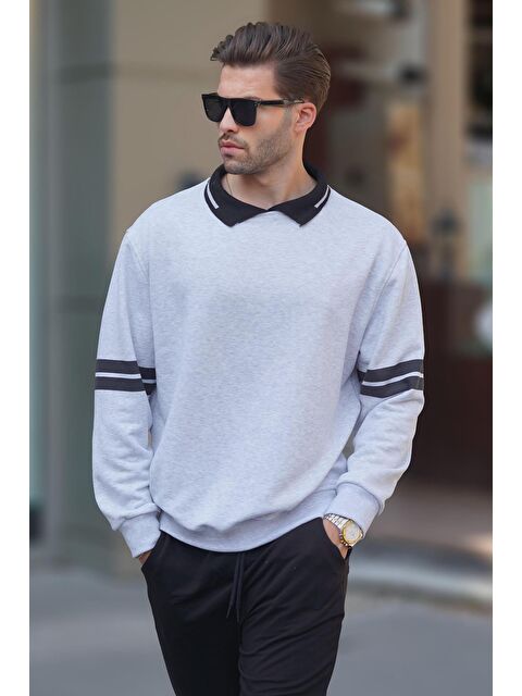 Madmext Karmelanj Polo Yaka Oversize Kolu Şeritli Erkek Sweatshirt 7048 - S000237390-2090
