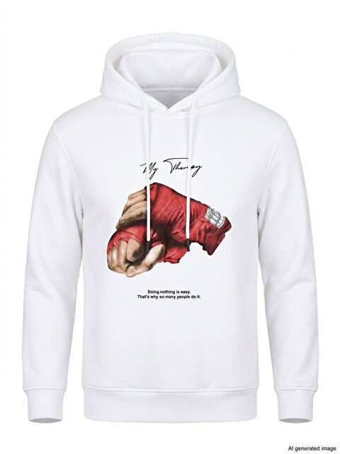 Jane's Unisex Kapüşonlu Üç İplik Oversize Baskılı Sweatshirt - Beyaz