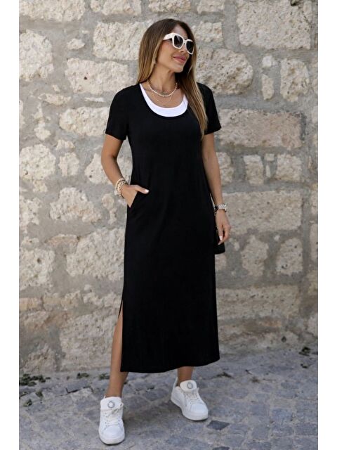 Jane's Kadın Kısa Kollu Içi Atlet Görünümlü Yandan Yırtmaçlı Uzun Viskon Elbise - S000529151-19351