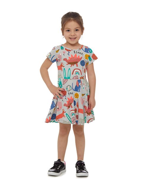 Lovetti Kız Çocuk Roaring Animals Desen Kısa Kol Kloşe Etek Elbise - S000053930-23173