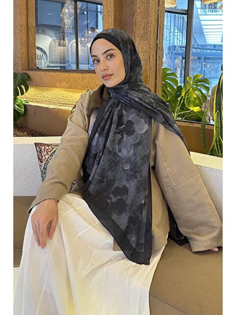Lamelif Batik Çiçek Desen Bambu Şal Siyah - S000529701-19351