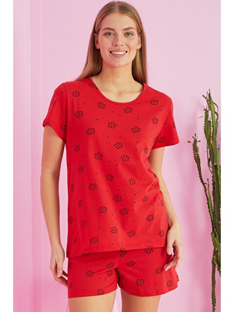 Siyah İnci Kırmızı Çiçek Desenli Pamuklu Şort-Pijama Takım - S000215734-20045