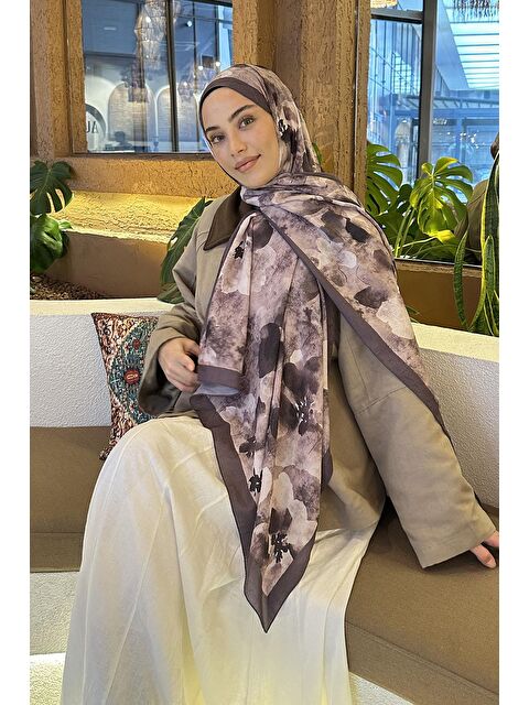 Lamelif Batik Çiçek Desen Bambu Şal Soft Kahve - S000529701-19413
